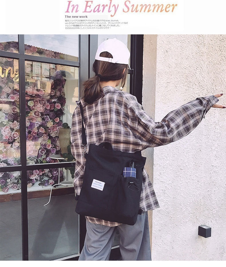 Harajuku Canvas Backpack for Women – Korean Style School Bag with Pockets